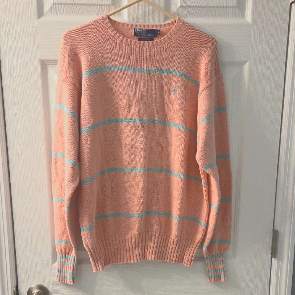 Womens Polo Ralph Lauren Preppy Pink And Aqua Pima Cotton Crew Neck Sweater XL